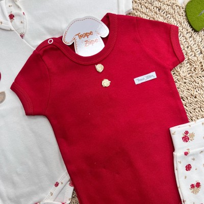 Conj. de Malha 3 peças - Flor de Coração - Vermelho e Off White (FLOR DOURADA)